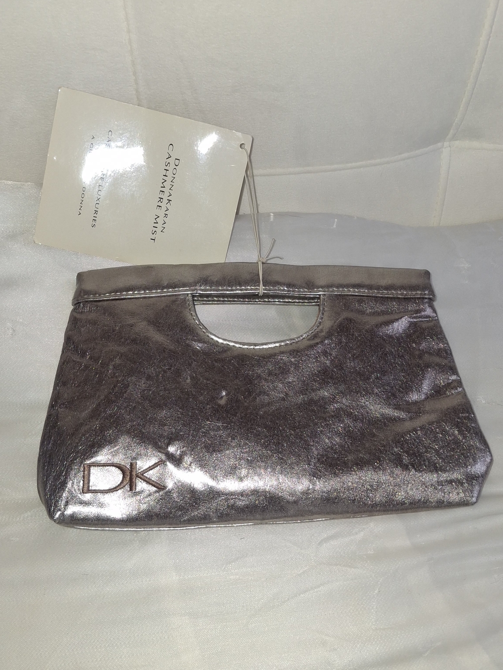 Donna Karan DK Cosmetic Bag Metallic Silver Clutch Pouch NWT Travel Case